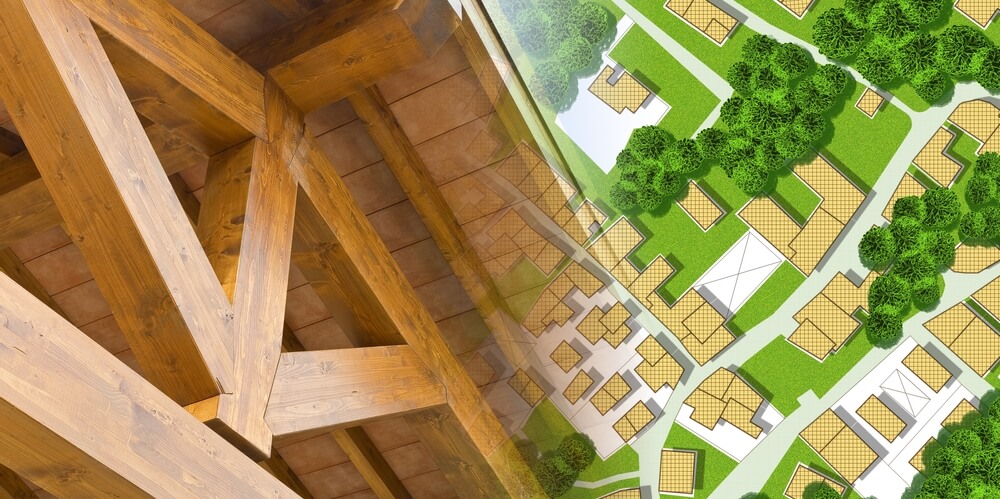 Koncept neutralnosti ugljenika sa drvenom arhitekturom i zamišljenim planom grada