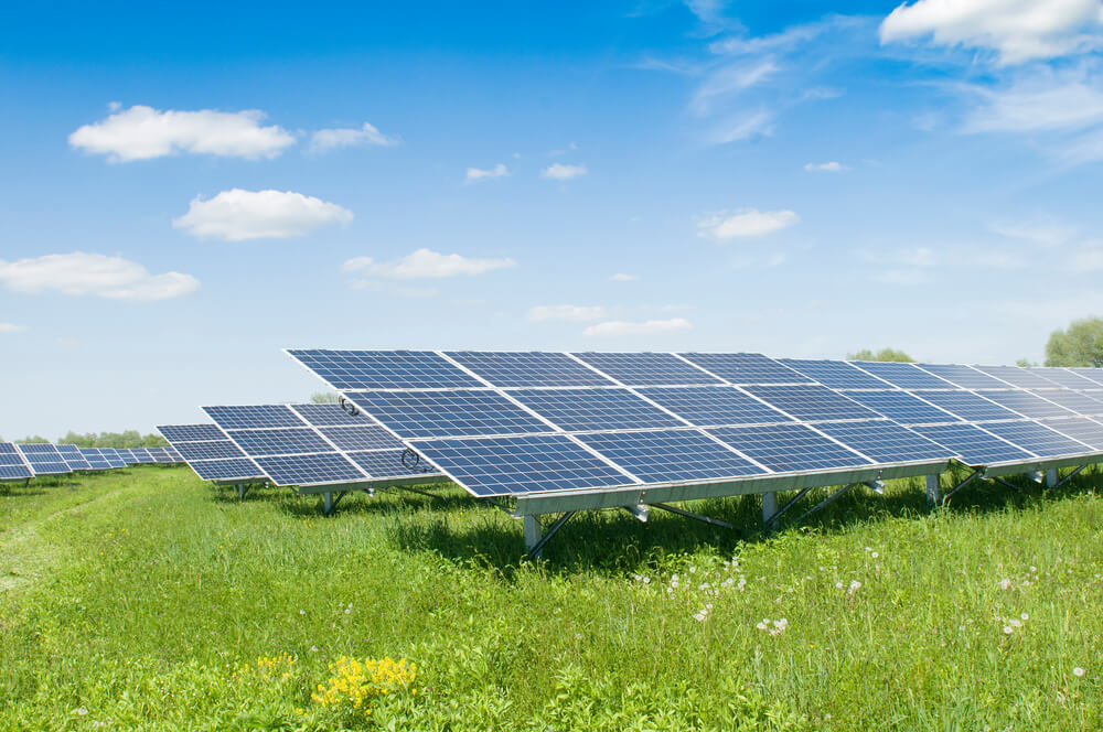 Solar Panels and Blue Sky. Solar Panels System Power Generators From Sun